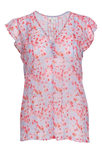 Current Boutique-Joie - Pink & Blue Floral Print Cap Sleeve Silk Blouse Sz S