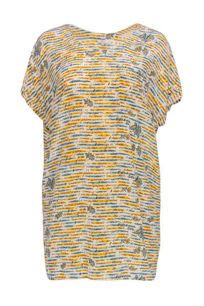 Current Boutique-Joie - White, Yellow & Blue Floral & French Text Print Silk Shift Dress Sz XS