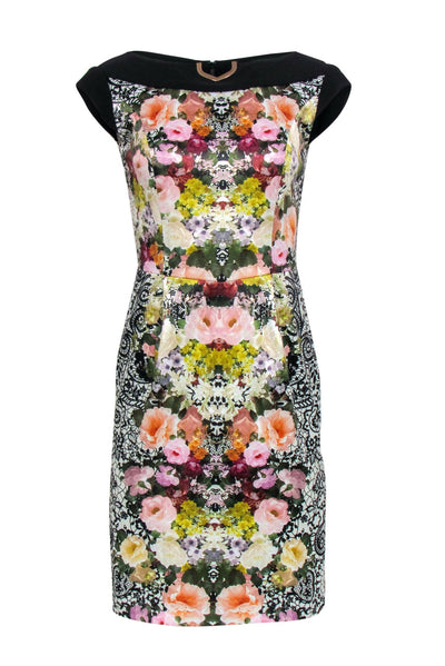 Current Boutique-Joseph Ribkoff - Black Multicolor Floral Sheath Midi Dress Sz 8
