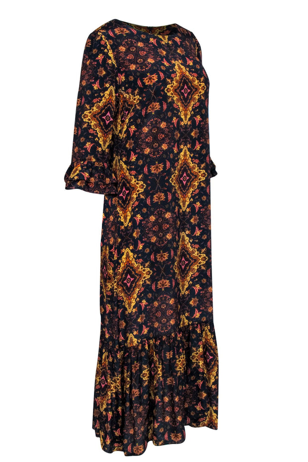 Current Boutique-Kachel X Anthropologie - Navy, Gold, & Pink Print Silk Blend Maxi Dress Sz 8