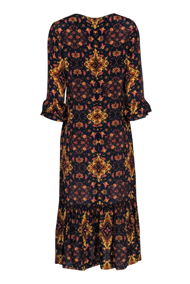 Current Boutique-Kachel X Anthropologie - Navy, Gold, & Pink Print Silk Blend Maxi Dress Sz 8