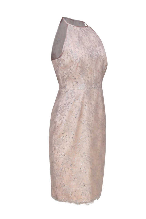 Current Boutique-Karen Millen - Baby Pink & Silver Lace Sheath Dress Sz 8