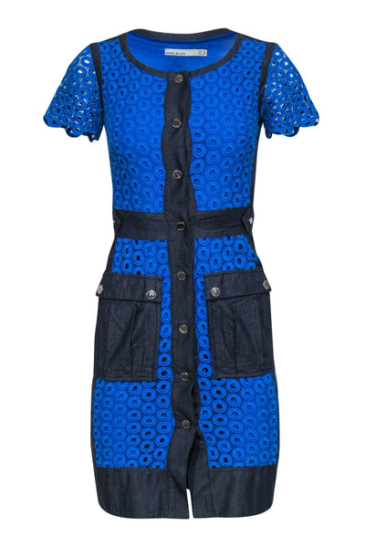 Current Boutique-Karen Millen - Blue Eyelet Lace & Denim Bodycon Dress w/ Pockets Sz 2