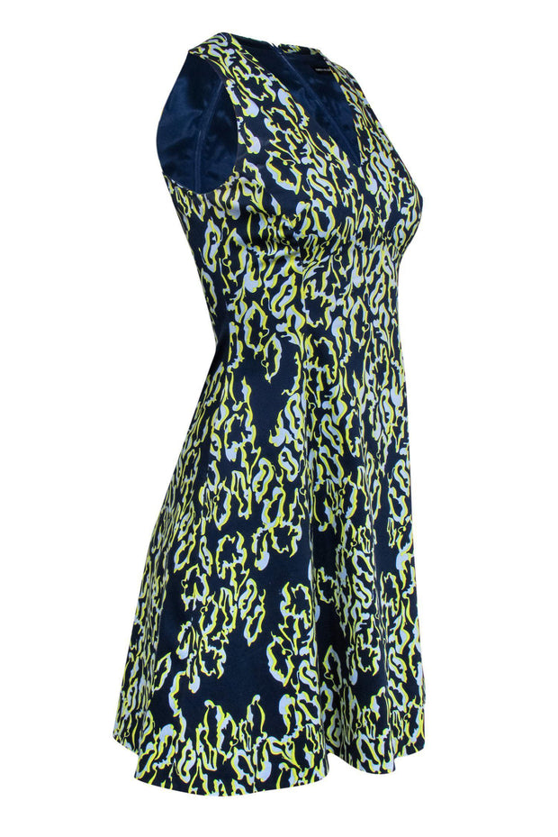 Current Boutique-Karen Millen - Navy & Green Abstract Printed Flare Dress Sz 4