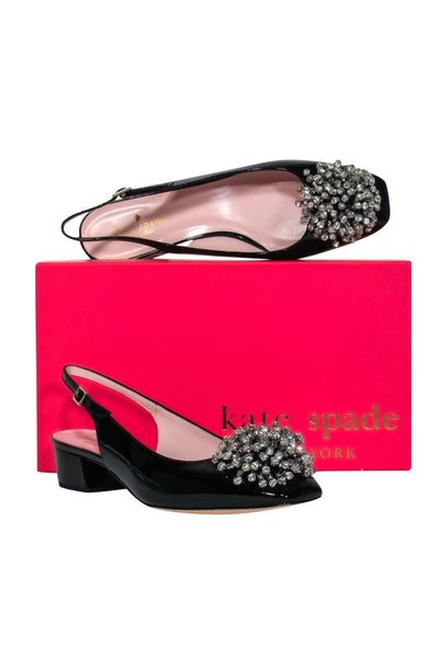 Current Boutique-Kate Spade - Black Patent Leather Slingback Block Heels w/ Rhinestone Pomps Sz 8