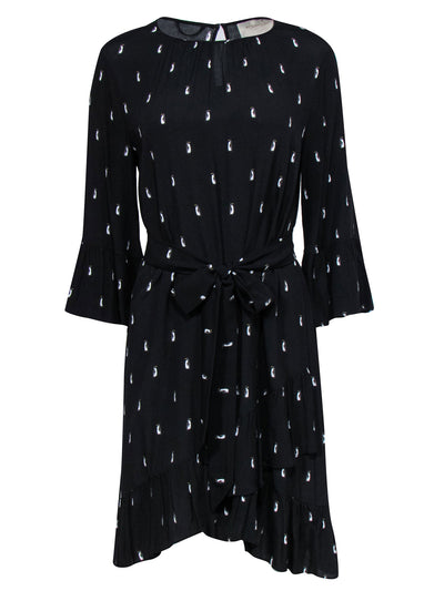 Current Boutique-Kate Spade - Black Penguin Print Shift Dress w/ Tie Waist & Bell Sleeves Sz M