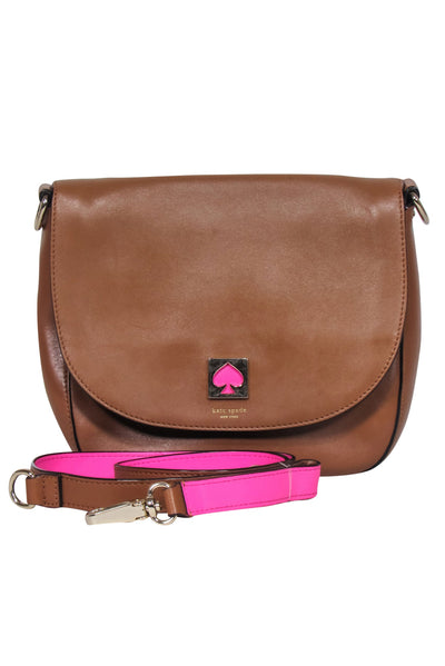 Current Boutique-Kate Spade - Brown Leather Saddle Crossbody Bag w/ Pink Strap