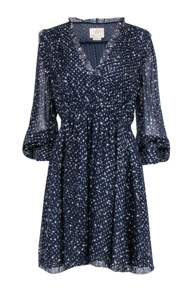 Current Boutique-Kate Spade - Navy & Silver Metallic Star Print Silk Dress Sz 8