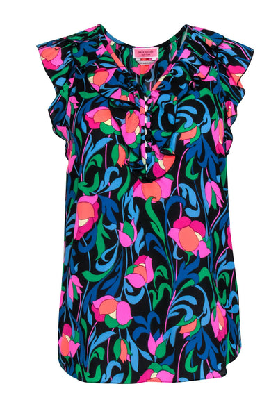 Current Boutique-Kate Spade - Pink & Blue Multi-Colored Floral Print Crepe Tank w/ Ruffles Sz XS