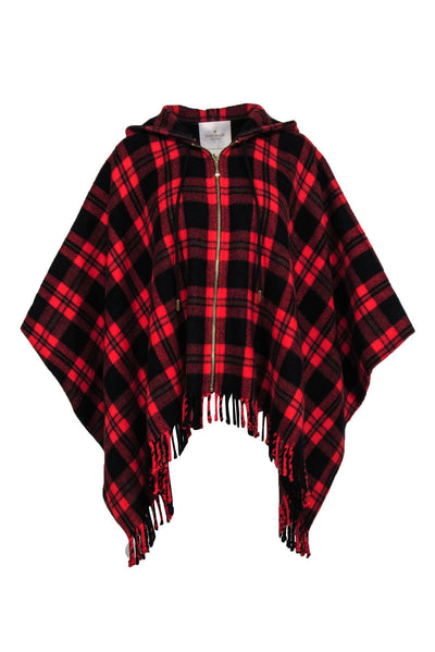 Current Boutique-Kate Spade - Red Wool Blend Plaid Hooded Poncho w/ Fringe Sz 0