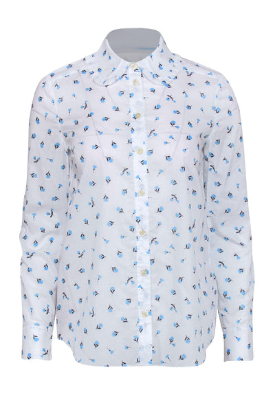 Current Boutique-Kate Spade - White & Blue Floral Print Button Up Shirt w/ Ruffled Collar Sz XS