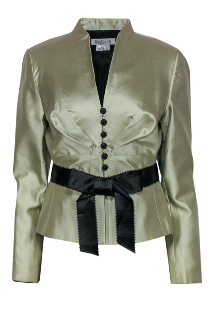 Kay Unger - Greenish-Gold Satin Bow Jacket w/ Rhinestone Buttons Sz 10