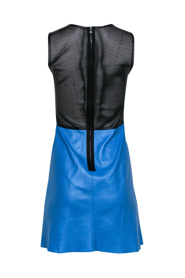 Current Boutique-L'Agence - Blue, Black & White Colorblocked Leather Fit & Flare Dress w/ Laser Cutouts Sz 2