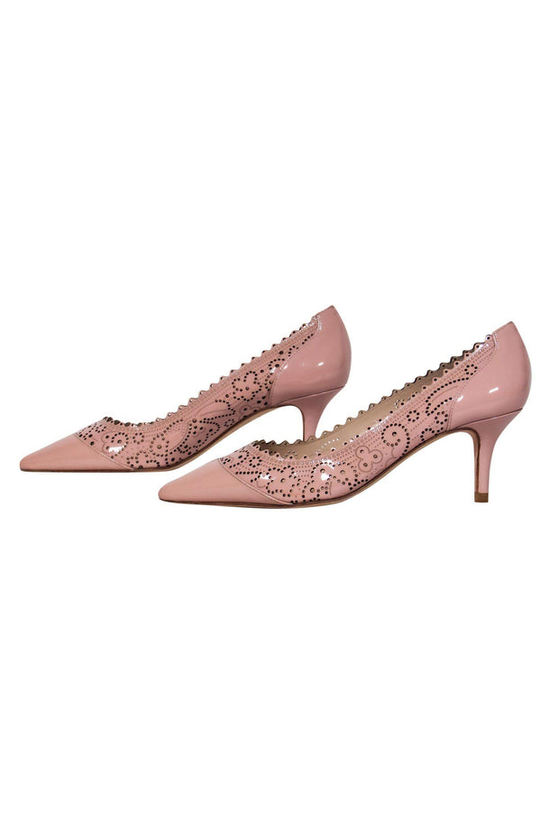 Current Boutique-L.K. Bennett - Blush Pink Patent Leather Pointed Toe Pumps w/ Laser Cut Design Sz 8