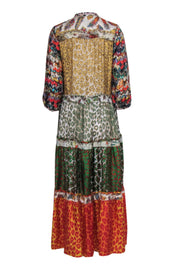 Current Boutique-La Prestic Ouiston - Green, Yellow & Red Print Silk Midi Dress w/ Tiered Skirt Sz S