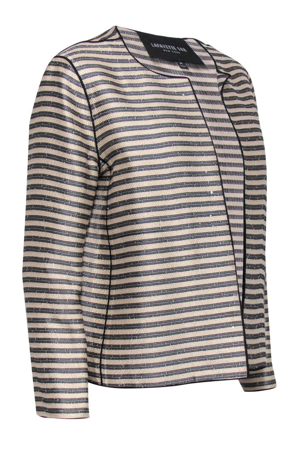 Current Boutique-Lafayette 148 - Beige & Black Striped Stitched Sequin Jacket Sz M