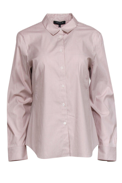 Current Boutique-Lafayette 148 - Beige & White Striped Button-Up Long Sleeve Blouse Sz 10