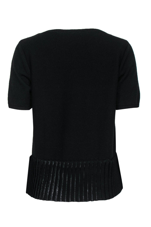 Current Boutique-Lafayette 148 - Black Knit Short Sleeve Sweater w/ Pleated Hem Sz M