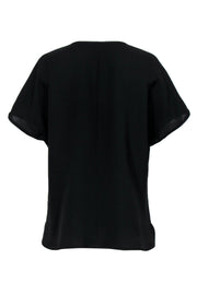 Current Boutique-Lafayette 148 - Black Silk Notch Neckline Short Sleeved Top Sz S