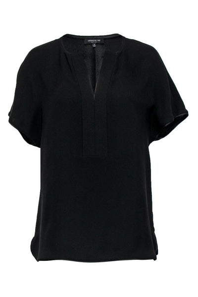 Current Boutique-Lafayette 148 - Black Silk Notch Neckline Short Sleeved Top Sz S