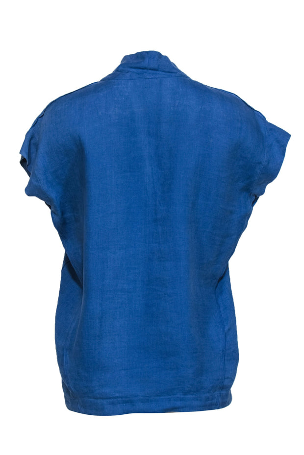 Current Boutique-Lafayette 148 - Blue Linen Short Sleeve Cowl Neck Top Sz S