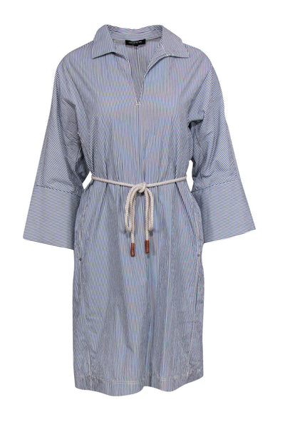 Current Boutique-Lafayette 148 - Blue & White Striped Long Sleeve Shirt Dress w/ Rope Belt Sz M