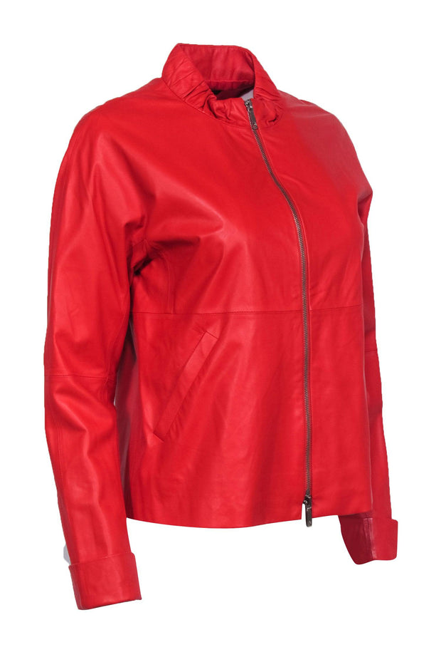Current Boutique-Lafayette 148 - Bright Red Zipper Front Leather Jacket Sz 0