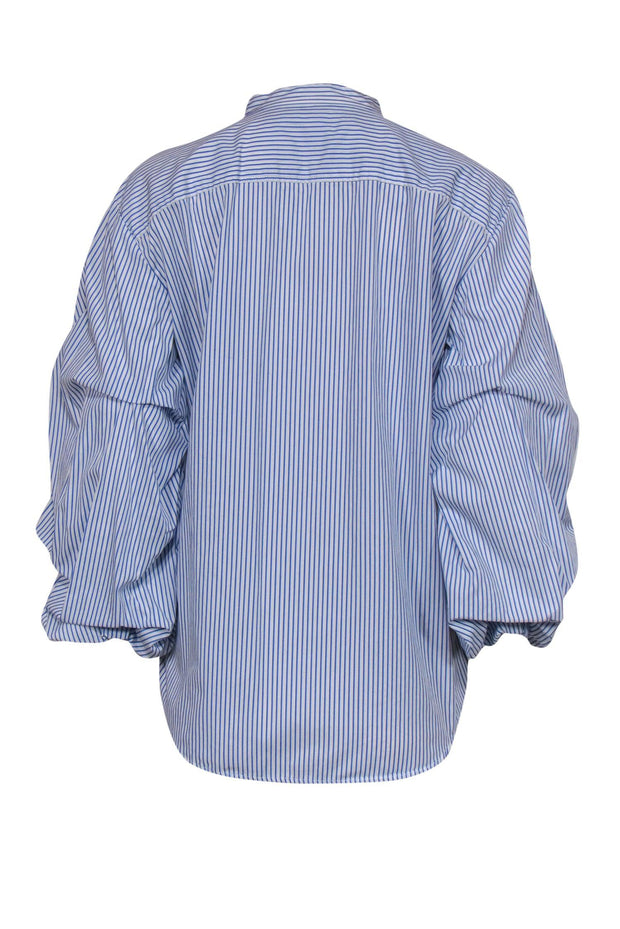 Current Boutique-Lauren Ralph Lauren - Blue & White Striped Button-Up Ruched Sleeve Cotton Blouse Sz L