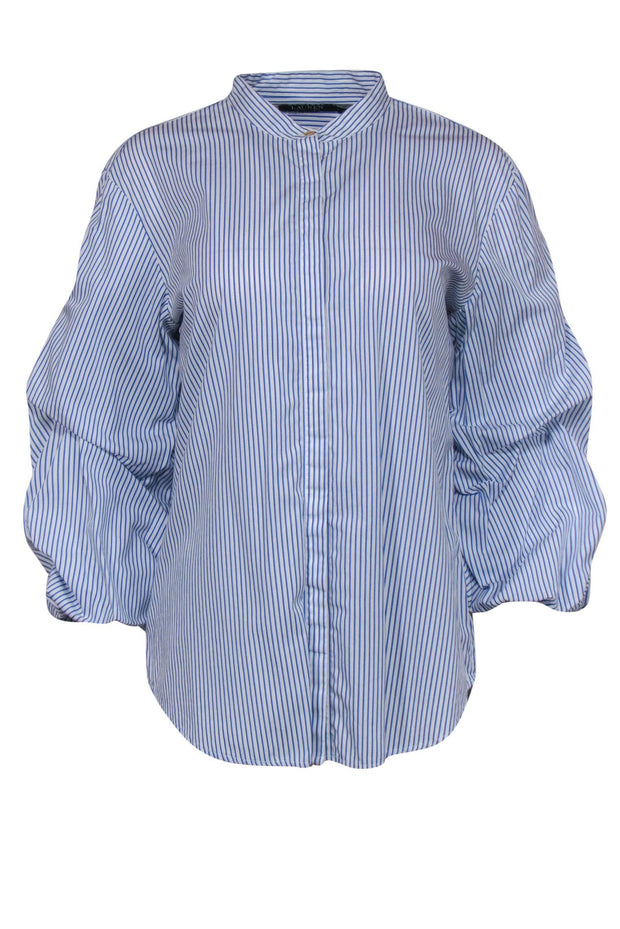 Current Boutique-Lauren Ralph Lauren - Blue & White Striped Button-Up Ruched Sleeve Cotton Blouse Sz L