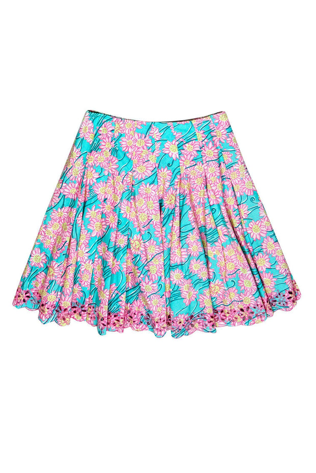 Current Boutique-Lilly Pulitzer - Blue & Pink Floral Print A-Line Skirt w/ Eyelet Detail Sz 8