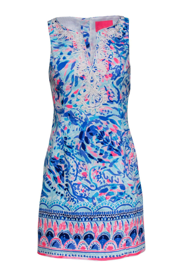 Current Boutique-Lilly Pulitzer - Blue & Pink Printed Sleeveless Shift Dress w/ Embroidered Trim Sz 4