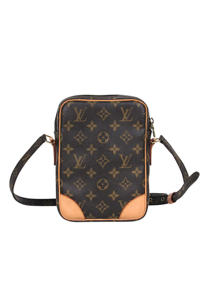 Louis Vuitton - Brown & Beige Leather Monogram Print Rectangle Crossbo –  Current Boutique