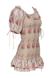 Current Boutique-LoveShackFancy - Beige Floral Silk Smocked Dress w/ Puff Sleeves Sz P