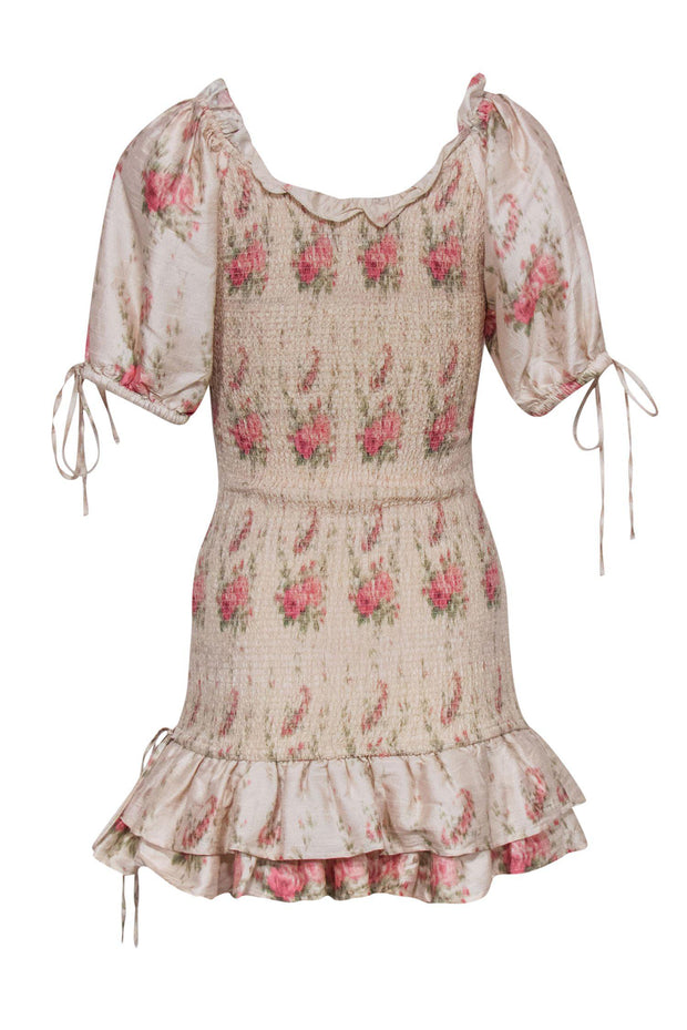 Current Boutique-LoveShackFancy - Beige Floral Silk Smocked Dress w/ Puff Sleeves Sz P