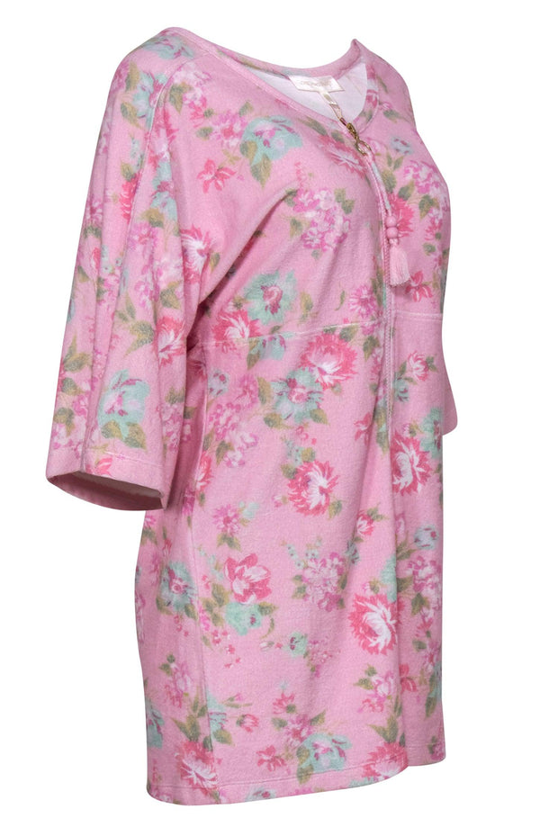 Current Boutique-LoveShackFancy - Pink Floral Print Terrycloth Zip-Up "Bard" Shift Dress Sz M