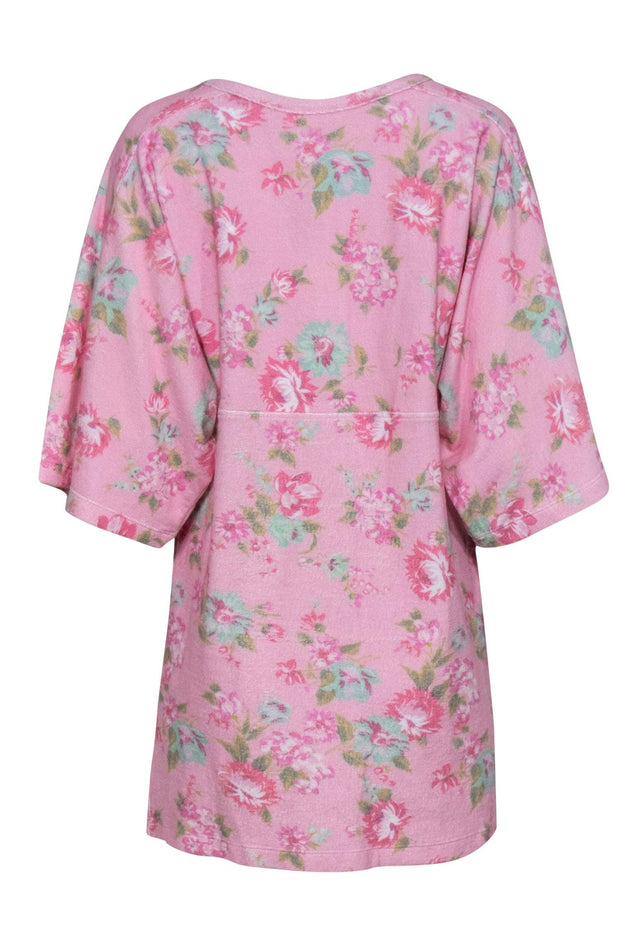 Current Boutique-LoveShackFancy - Pink Floral Print Terrycloth Zip-Up "Bard" Shift Dress Sz M