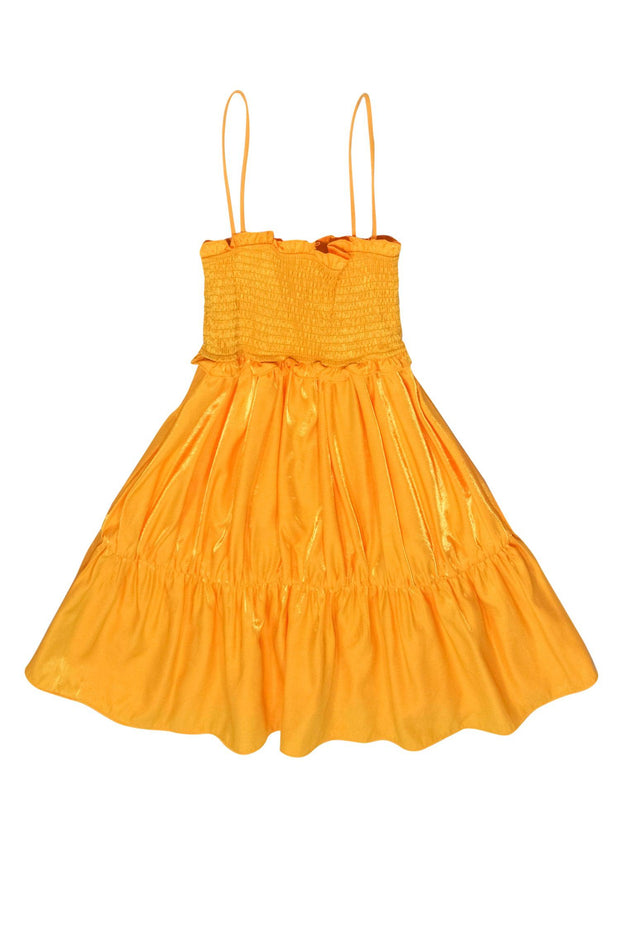 Current Boutique-Lovers + Friends - Metallic Yellow Satin Ruffled Smocked Bust Sundress Sz XS