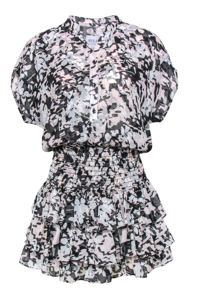 Current Boutique-MISA Los Angeles - Black & Blush Floral Smocked Waist Dress w/ Ruffles Sz S