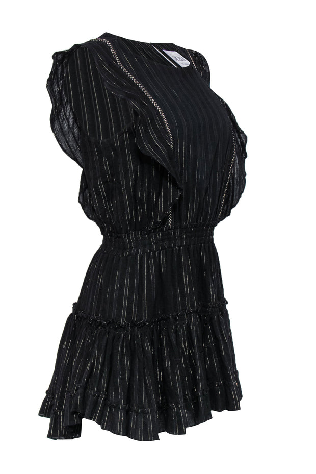 Current Boutique-MISA Los Angeles - Black & Gold Pinstriped Ruffled Cotton Dress Sz L