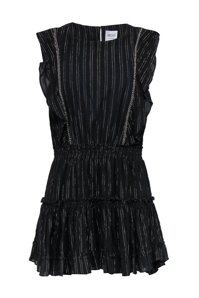 Current Boutique-MISA Los Angeles - Black & Gold Pinstriped Ruffled Cotton Dress Sz L