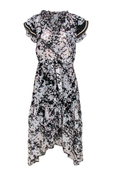 Current Boutique-MISA Los Angeles - Black & Pale Pink Abstract Floral Print A-Line Dress Sz M