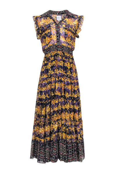 Current Boutique-MISA Los Angeles - Mustard & Deep Purple Floral Maxi Dress Sz XS