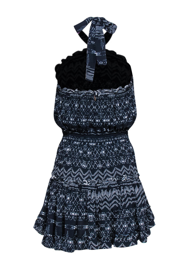 Current Boutique-MISA Los Angeles - Navy & White Print Tie Neck Ruffle Mini Dress Sz M