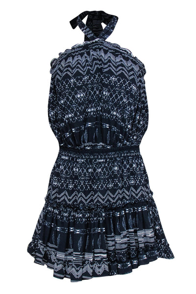 Current Boutique-MISA Los Angeles - Navy & White Print Tie Neck Ruffle Mini Dress Sz M