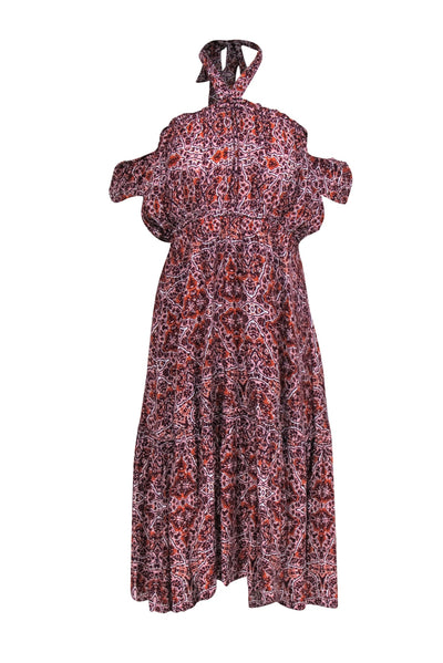 Current Boutique-MISA Los Angeles - Pink, Burgundy, & Orange Print Off-the-Shoulder Dress Sz L