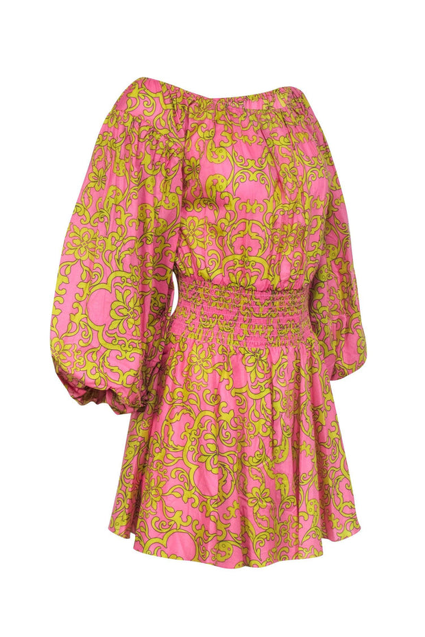 Current Boutique-MISA Los Angeles - Pink & Yellow Smock Waist Off the Shoulder Dress Sz S