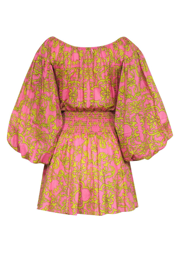 Current Boutique-MISA Los Angeles - Pink & Yellow Smock Waist Off the Shoulder Dress Sz S