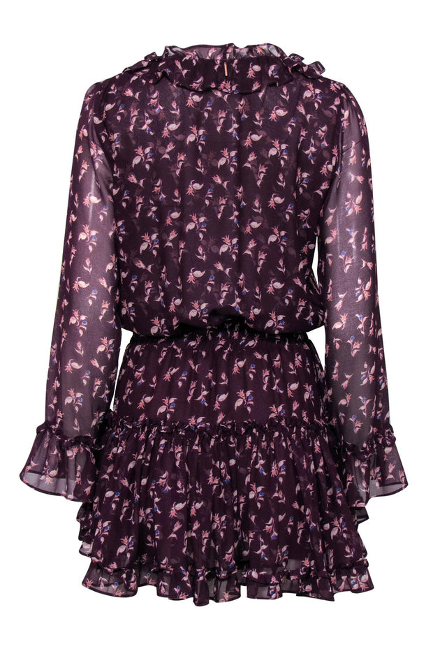 Current Boutique-MISA Los Angeles - Plum Floral Silky Ruffled Mini Peasant Dress Sz XS