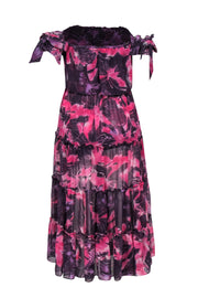 Current Boutique-MISA Los Angeles - Purple & Pink Floral Print Off-the-Shoulder Ruffle Tiered Dress Sz L