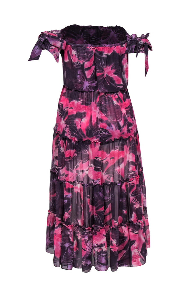 Current Boutique-MISA Los Angeles - Purple & Pink Floral Print Off-the-Shoulder Ruffle Tiered Dress Sz L